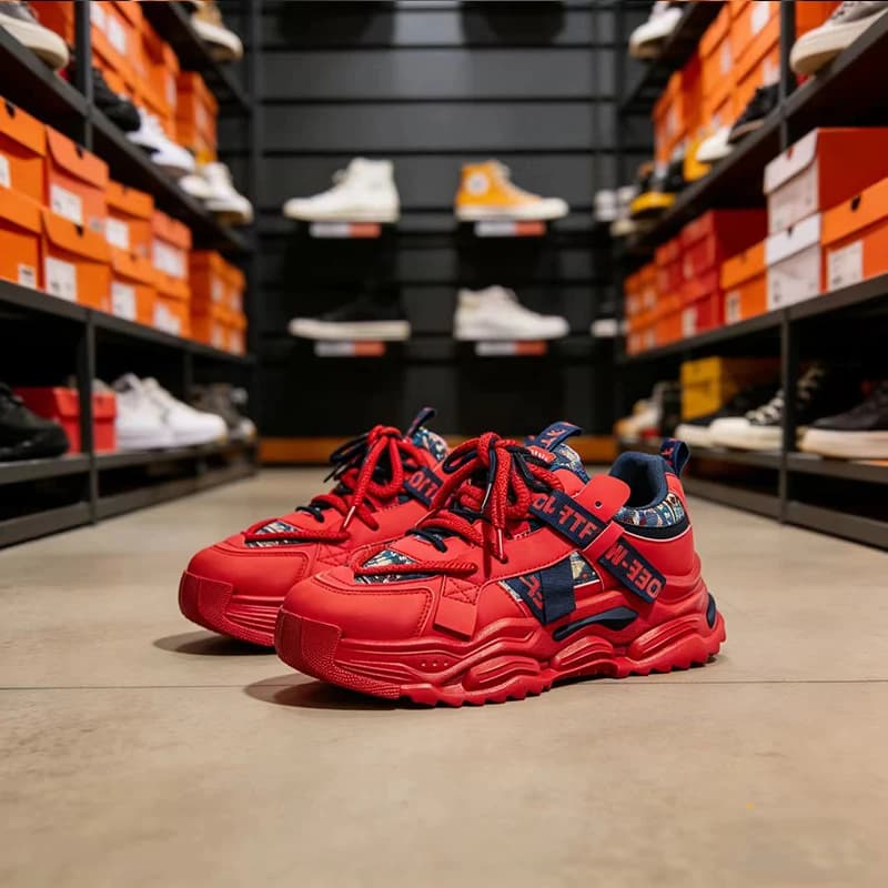 Red men's casual shoes Running shoes with thick sole Breathable outdoor sports shoes leather Sneaker male versatile soft and durable