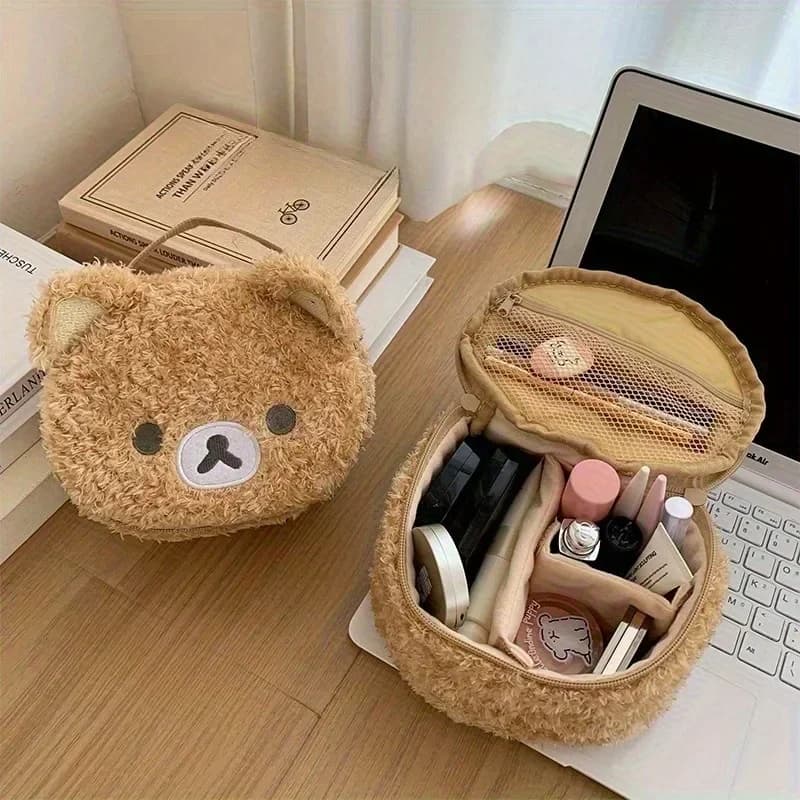 Borsa per il Trucco a Forma di Orsacchiotto per Donne, Pochette da Viaggio Portatile con Design 3D e Ricamo, Adorabile Beauty Case con Faccia di Orso