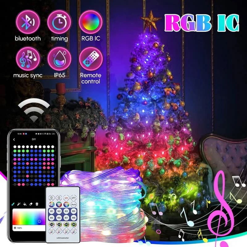 Luci a stringa LED USB RGBIC Luci da fata per decorazioni per albero di Natale all'aperto fai-da-te 8 modalità APP Bluetooth per luci per feste di nozze