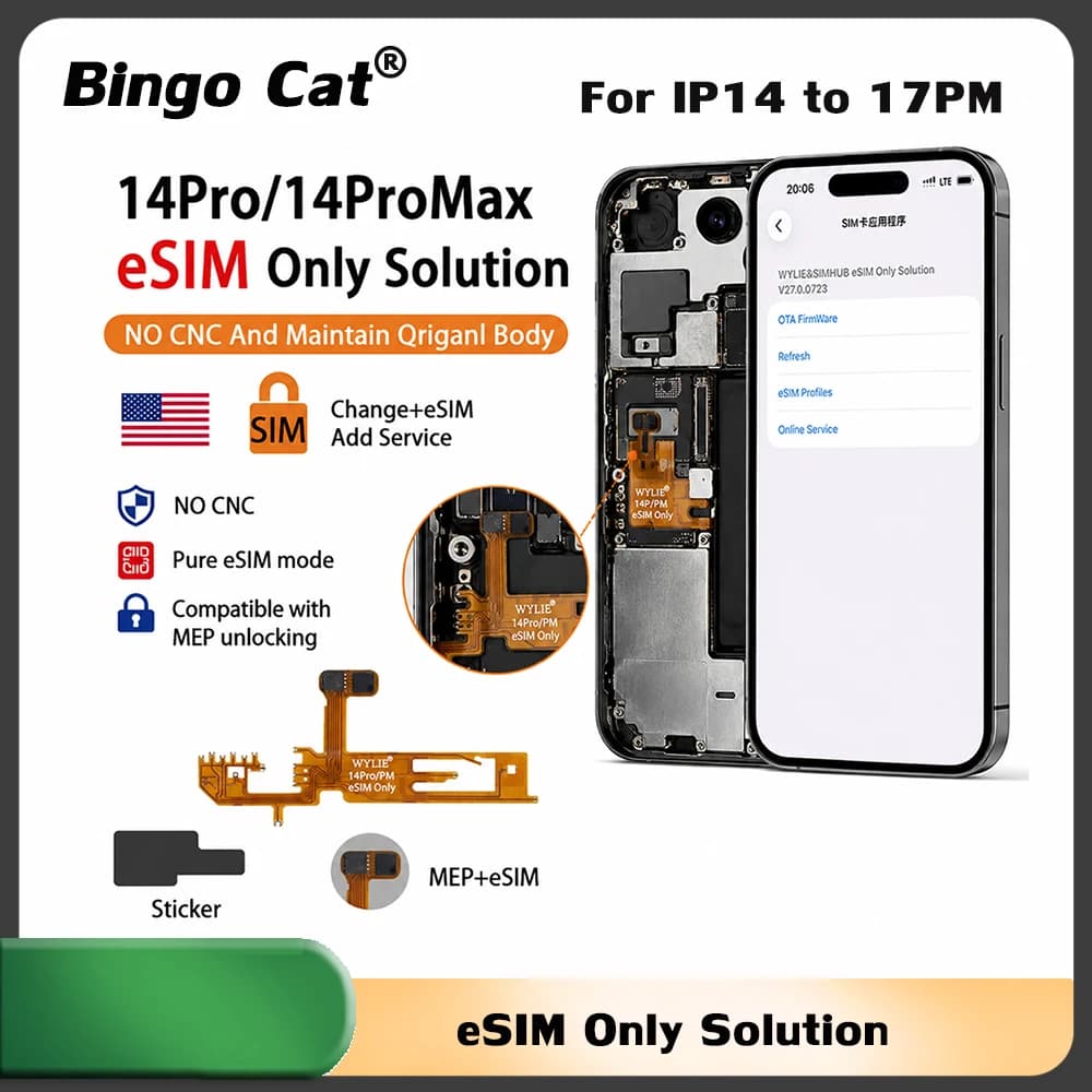 WYLIE New eSIM Unlocking Solution Only Flex Cable for iPhone 17 Pro Max 16 15 14 Plus No CNC Drilling No Physical SIM/Card Slot