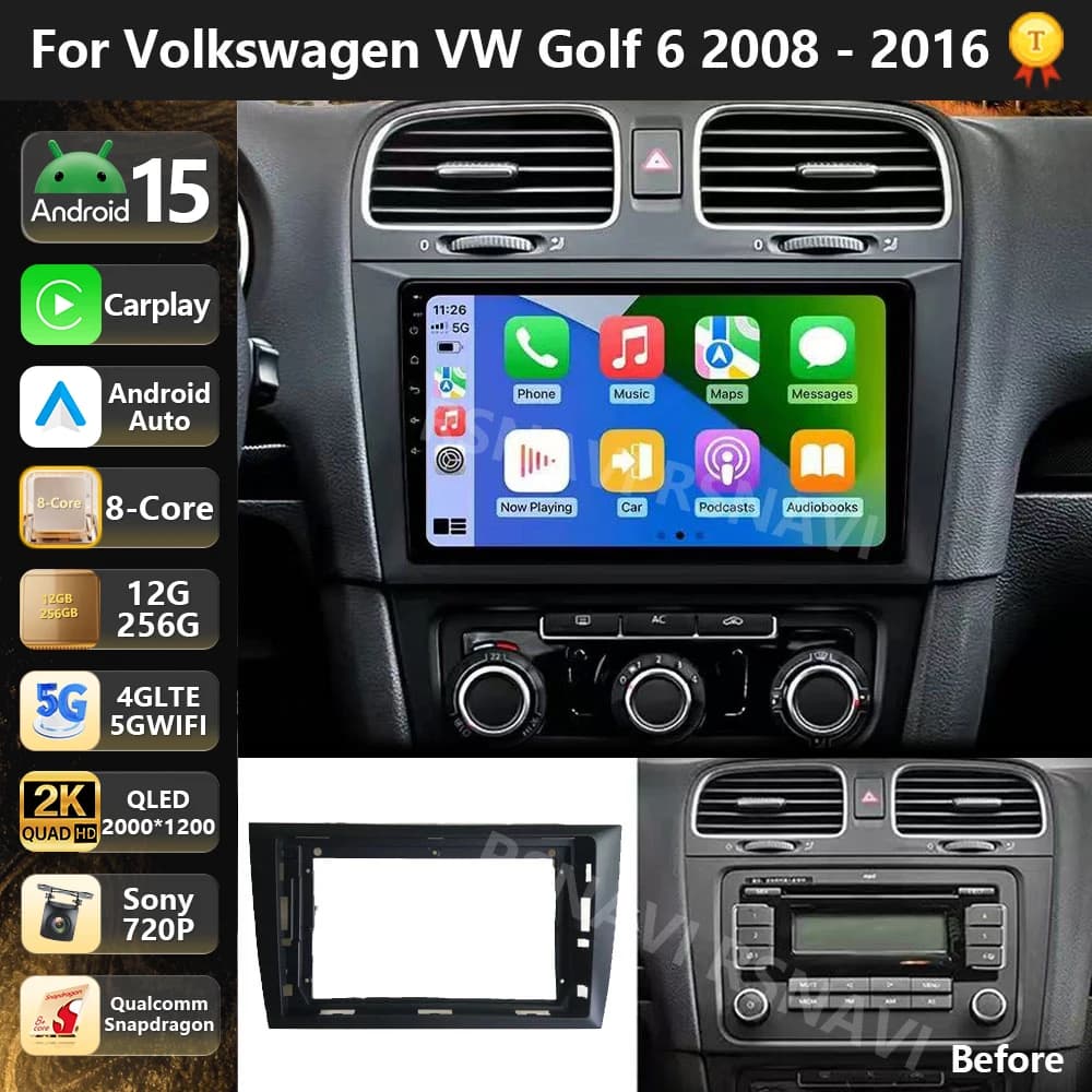 Qualcomm Android 15 For Volkswagen VW Golf 6 MK6 GTI R 2008-2012 Stereo Autoradio Video Multimedia GPS 4G CarPlay AUTO BT