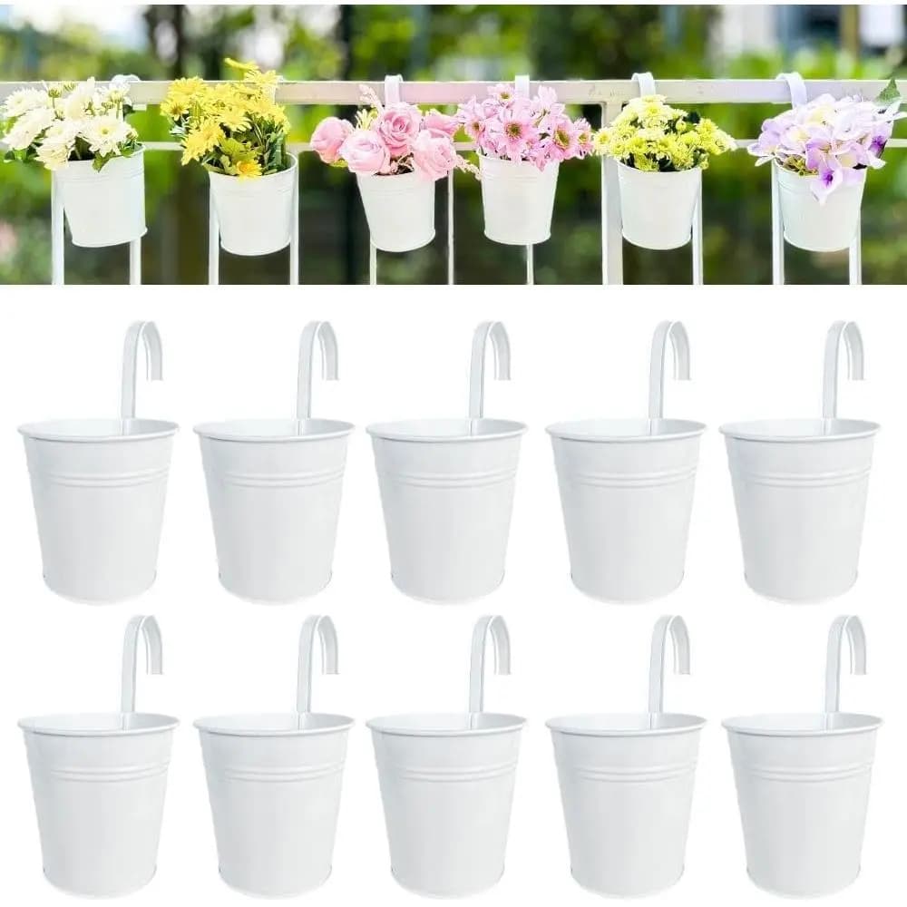 4 in, 10 Pack White Metal Railing Lower Pots | Balcony, Patio, Porch, Deck, Ence, Herb, Succulent, Outdoor Plants