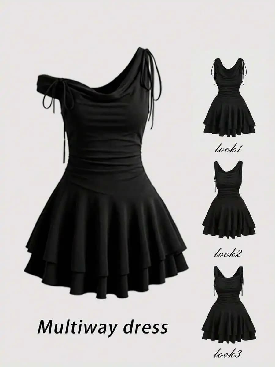 Mini abito nero asimmetrico monospalla con drappeggio e gonna a balze