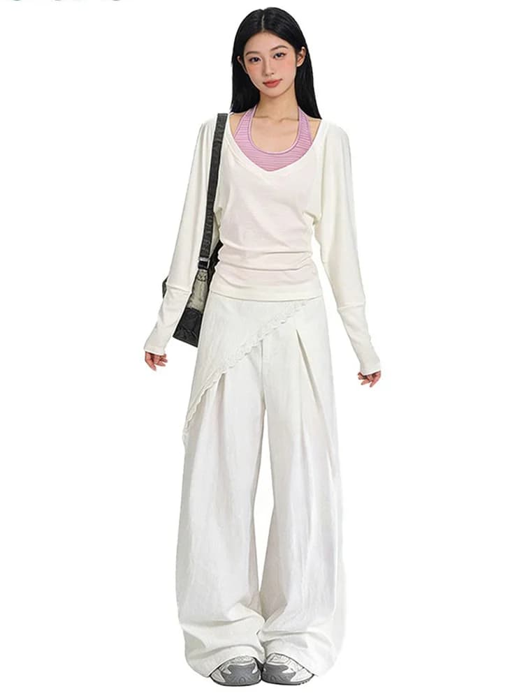 Summer Pure Desire Stripe Neck Hanging Vest Long Sleeve Lace Trim Wide Leg Pants Three Piece Set Women's Fashion Casual Outfit