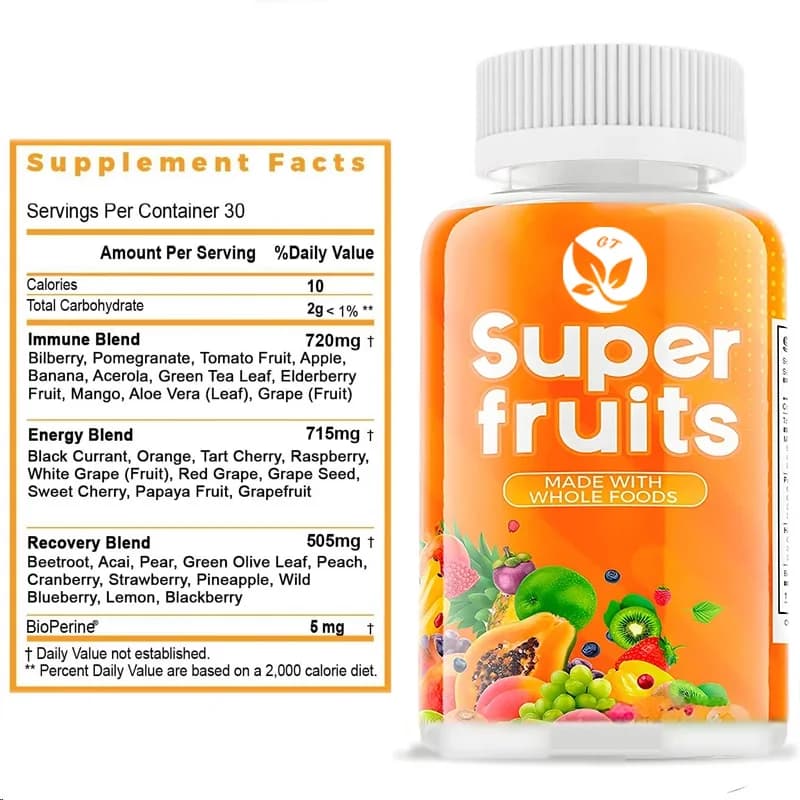 Super Fruit Supplement Organic Whole Super Food Vitamin and Mineral 60 Capsules Suitable for Women, Men, and Children - Soy Free