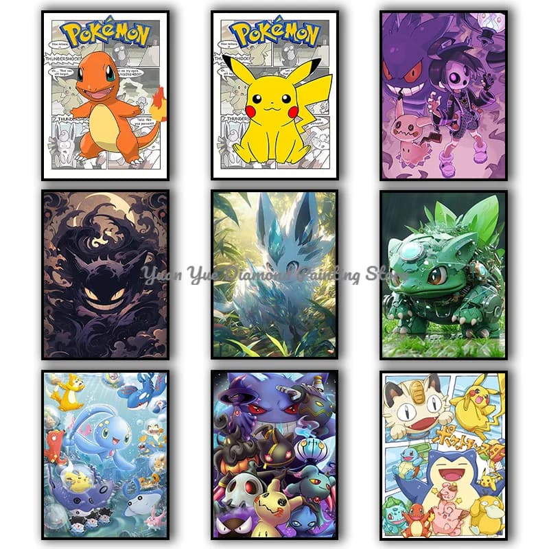 1 pz. Set Pittura Diamante 5D Senza Cornice Pokemon, Mosaico Diamantato Fai da Te con Simpatici Cartoni Animati Pikachu, Charmander, Bulbasaur