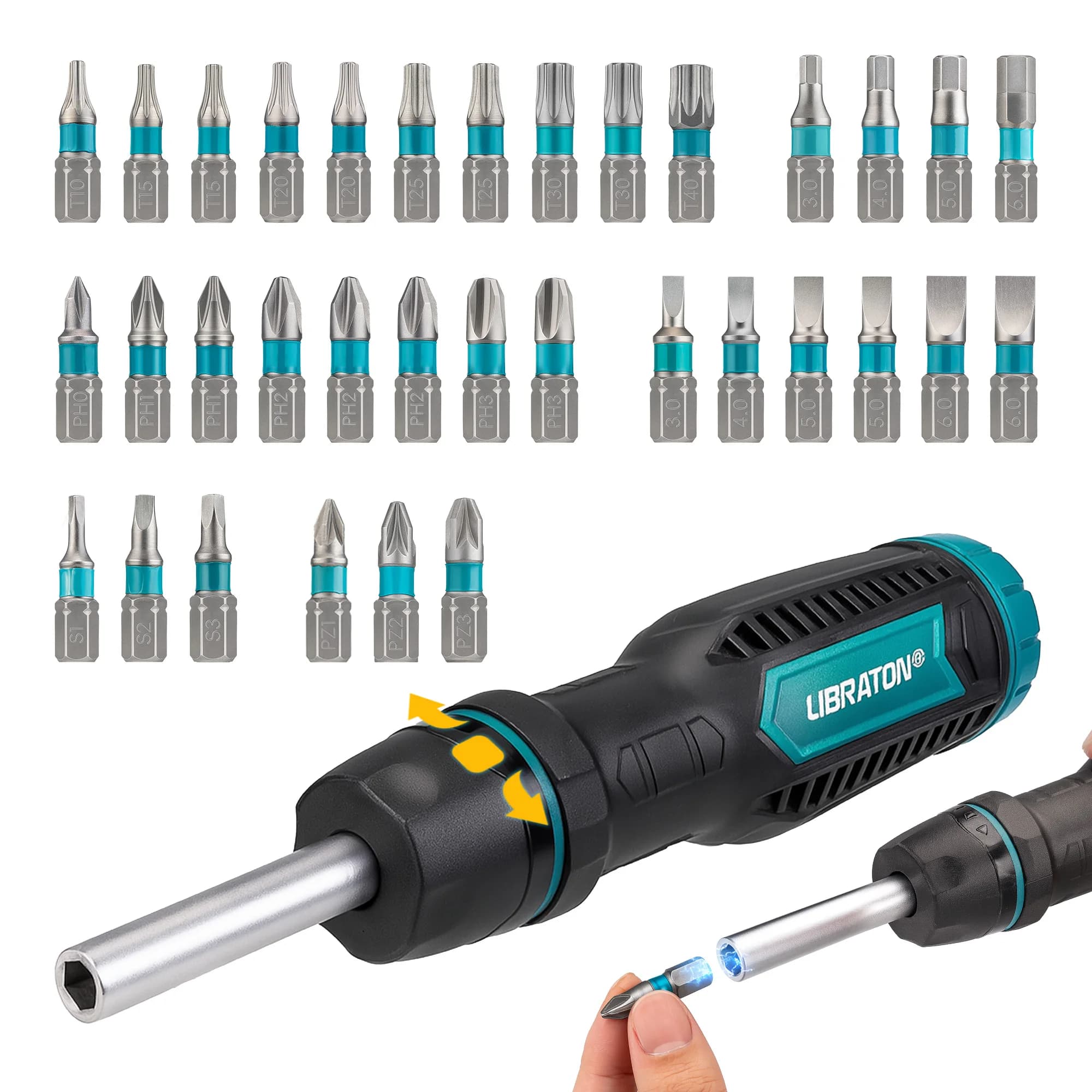 LIBRATON 33-in-1 Ratchet Screwdriver 1/4" Magnetic Screw Hand Tool Attachments Multi-bit Ratcheting Screwdriver Set for Auto DIY