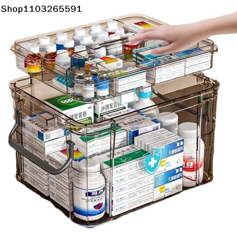 Double-Layer PP Plastic Medicine Box For Emerg With Rectangular Lid Transparent Waterproof Medicine And First Aid Storage Box
