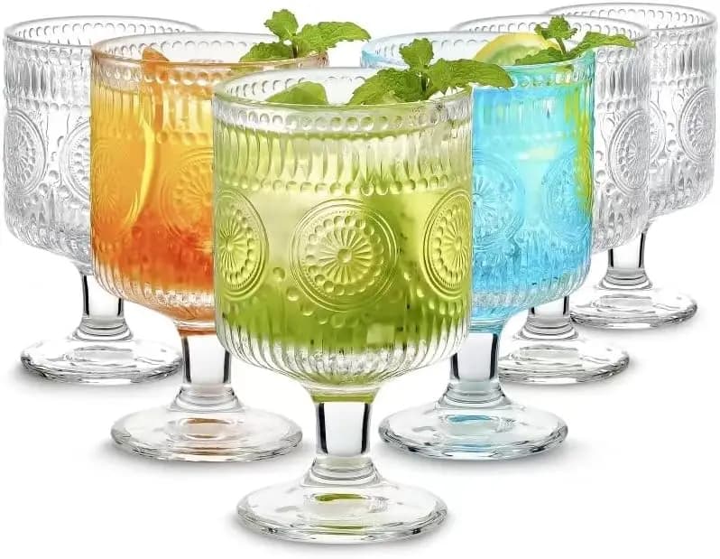 Set di 6 Calici Vintage, Bicchieri da Vino da 240 ml, Set di Bicchieri in Vetro con Motivi Floreali in Rilievo, Bicchieri Trasparenti, Calici da Bar