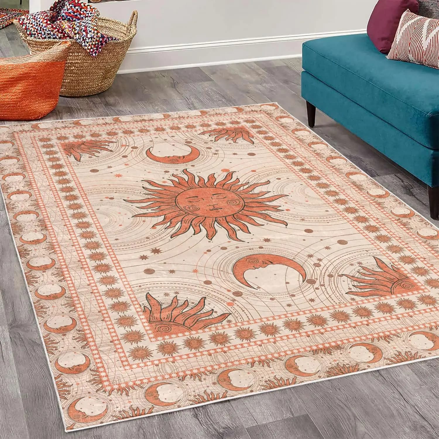 Sun and Moon Decorative Rug, Bohemian Artwork Design of Crescent Solar Ornament Esoteric Stars Ornaments,Quality Carpet for Dorm