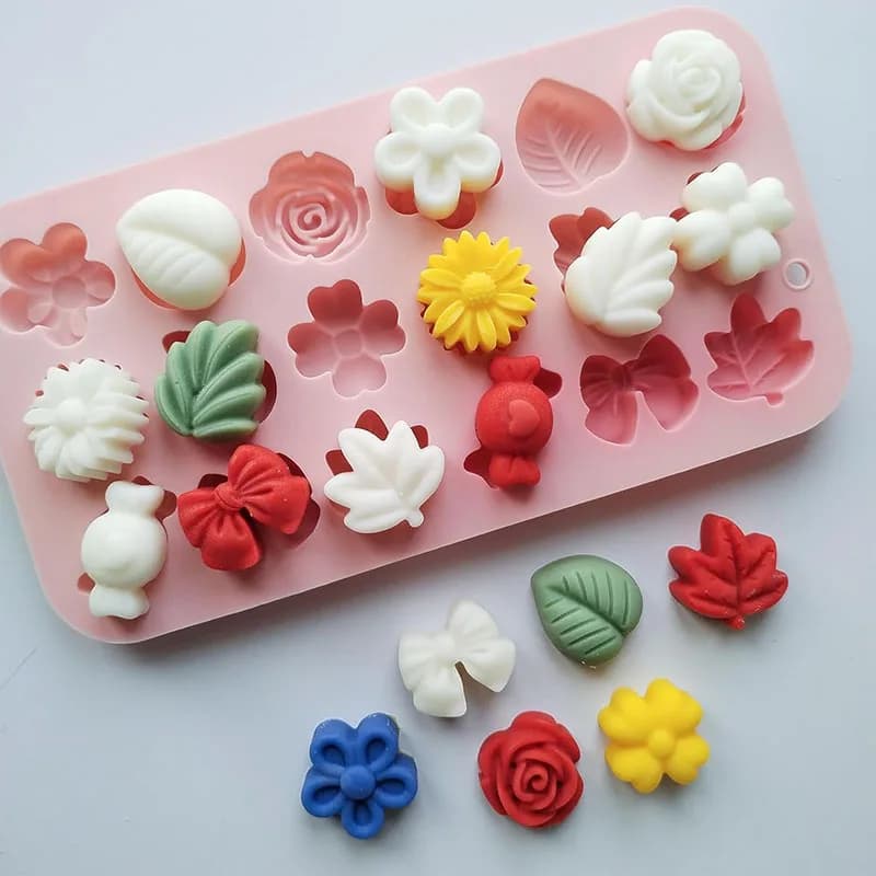 Stampo in silicone per caramelle ai fiori, margherita, foglie di rosa, fiocchi, vassoio per cubetti di ghiaccio al cioccolato, biscotti floreali 3D, cera, scioglie, torte, cupcake, topper da cucina