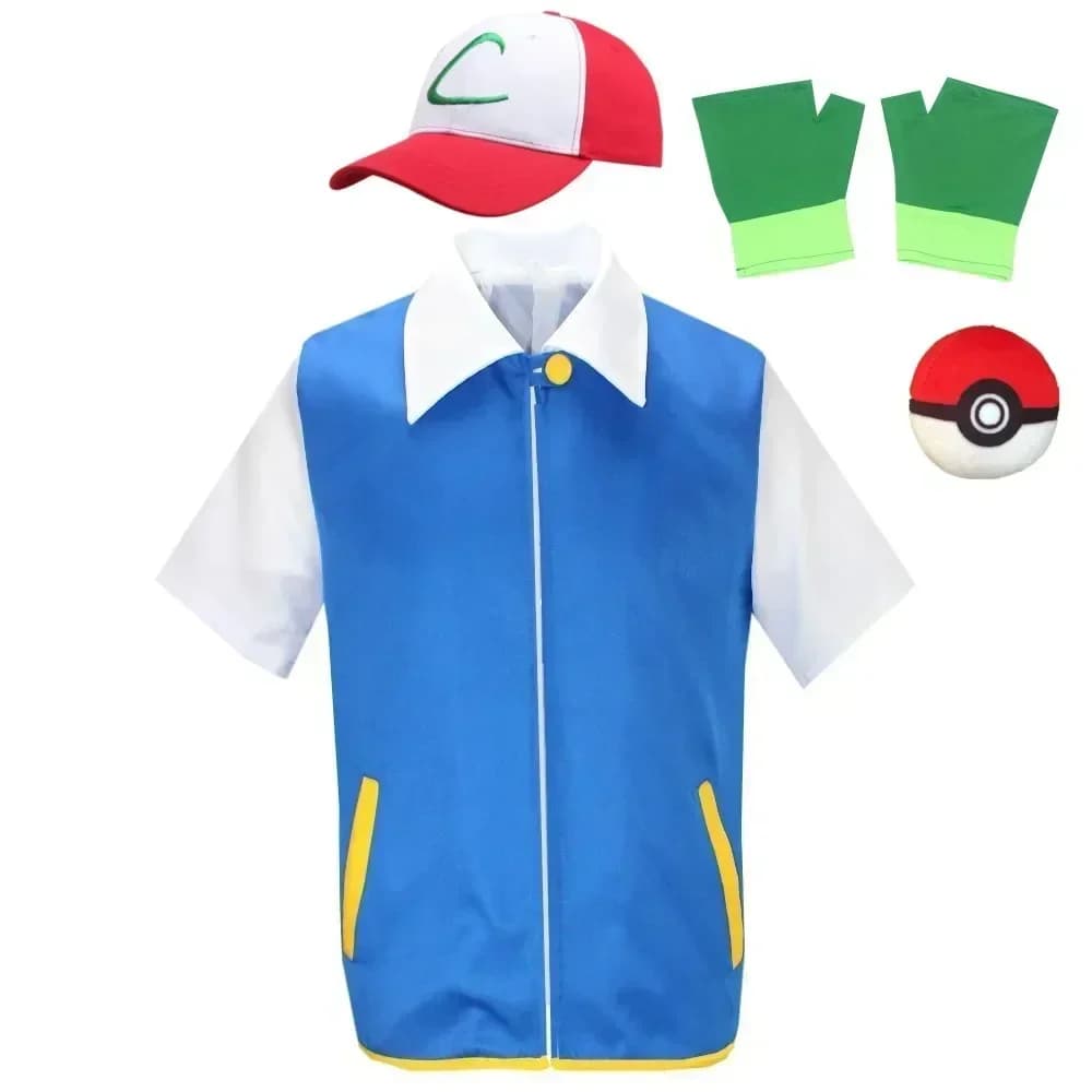 Ash Ketchum Cosplay Anime Vestiti Uomo Giacca blu Costume Ragazzi Ragazze Cosplay per Party Trainer Pokemon Cap Guanti Set