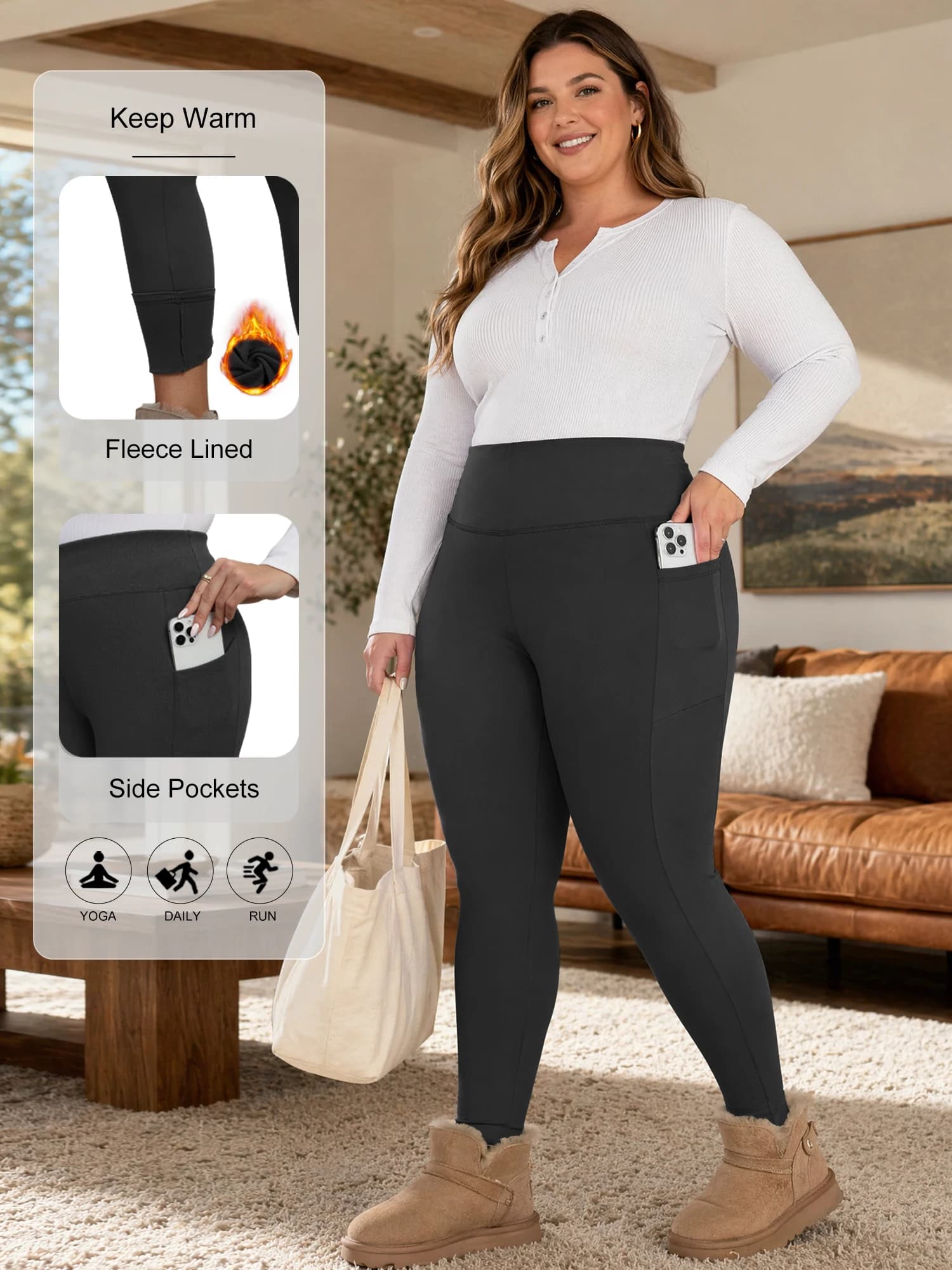 Plus Size Fleece Lined Leggings Women -Stretchy Large-5X Warm Winter Yoga Pants Thermal Leggings Winter Yoga Pants with Pockets