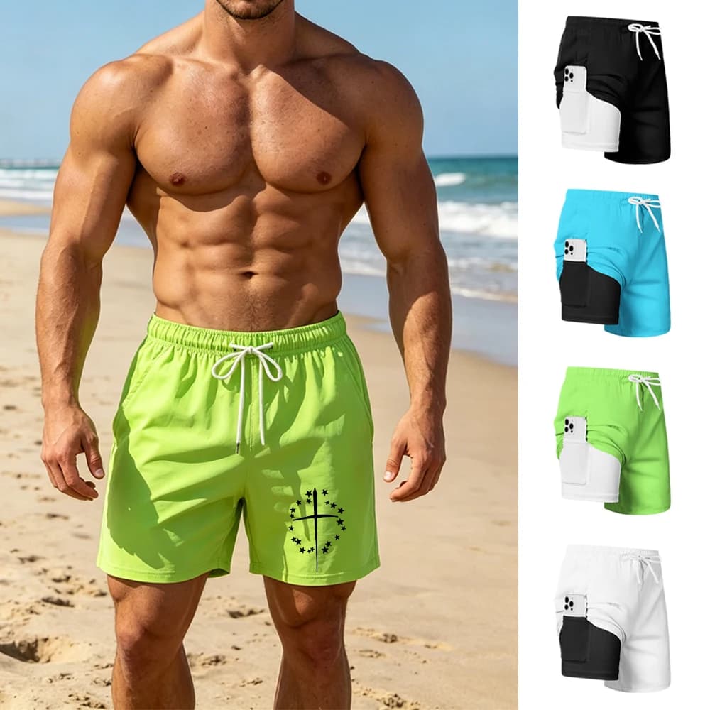 Men's Quick Drying Star Cross Print 2 In 1 Fitness Shorts With Phone Pocket Casual Beach Pants Summer Sports Cycling Shorts