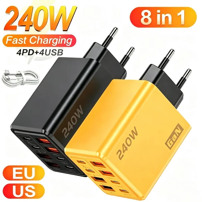 240W 8 in 1 USB C GaN Desktop Charger Fast Charge Phone Adapter Type C Cable For iPhone Samsung Xiaomi EU/US/UK Plug Charger