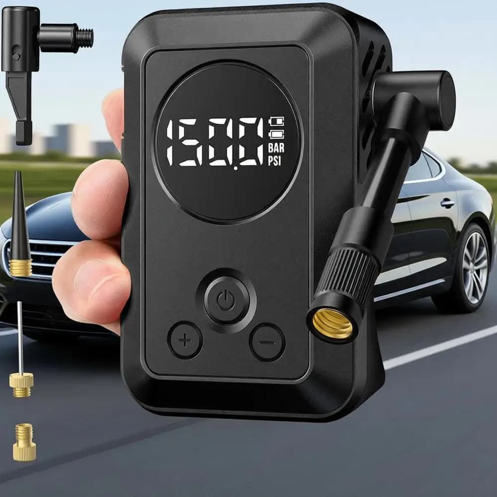 Pompa d'aria elettrica portatile per bici con manometro, 150 PSI, compatibile con valvole Presta, Schrader, per mountain bike, bici da strada, moto, auto, palloni sportivi