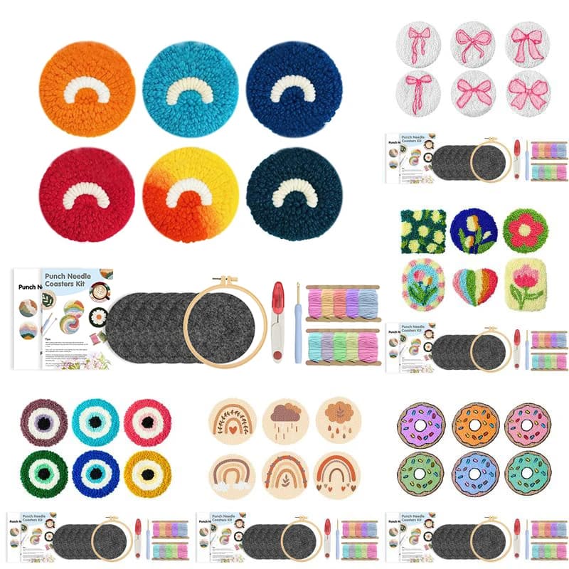 Punch Needle Coaster Kit for Beginners Easy Punch Needle Embroidery Kit Tool Threader Fabric Hoop Yarn Rug Tufting Coaster Art