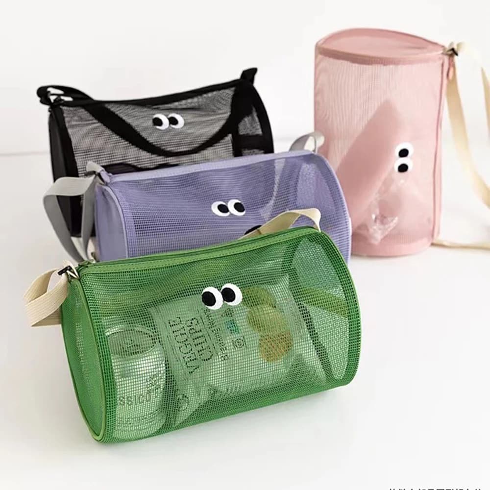 Breathable Mesh Beach Bag Cartoon Eye Design Cylinder Crossbody Handbag Large Capacity Travel Outdoor Wash Storage Shoulder Bag