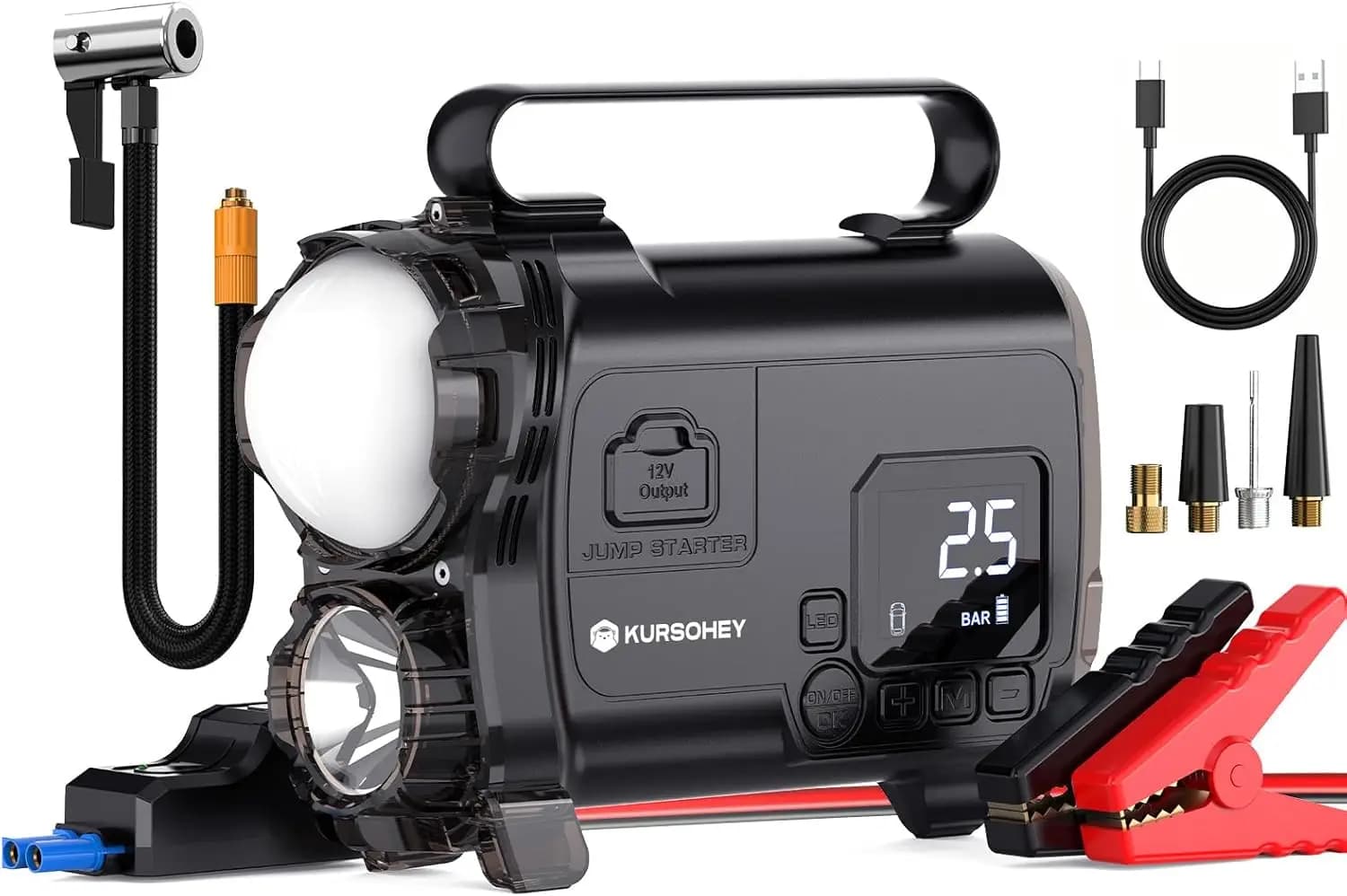 Avviatore di emergenza con compressore d'aria, scatola di emergenza portatile 6000A 12V per gas 9L/7L Diesel, luce LED, 150 PSI, banca di alimentazione USB, display LED