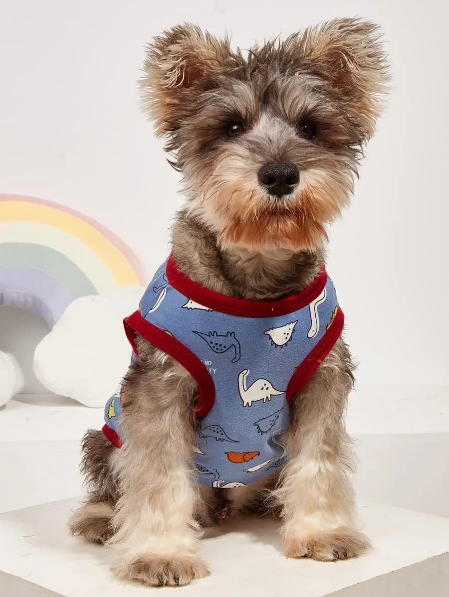 Gilet stampato con dinosauri dei cartoni animati in poliestere, adatto per l'uso quotidiano di cani e gatti