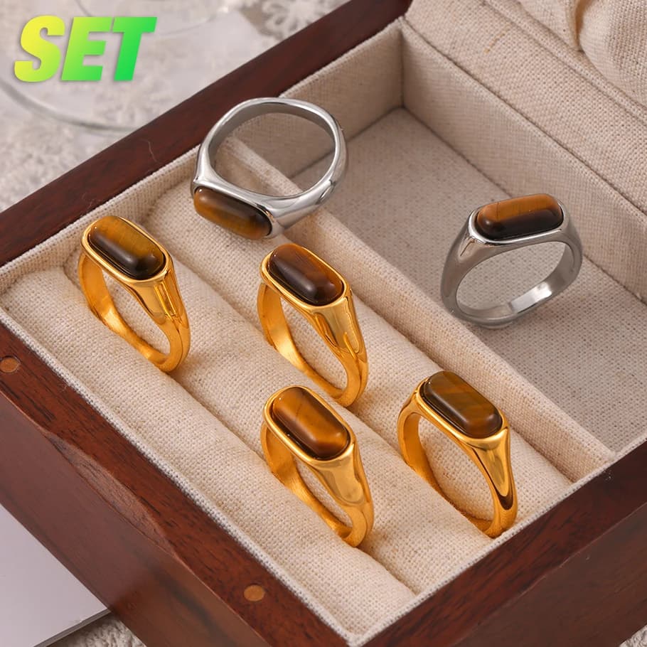 Nature Tiger Eye Stone Vintage Ring Set Halo Smooth anelli in acciaio inossidabile per gioielli da donna con Design di lusso leggero e Non sbiadito