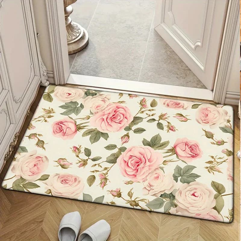 1pc Light Pink Rose Print Doormat, Non-slip Mat, Polyester Fabric, Machine Washable, Suitable for Entry Kitchen Living Room