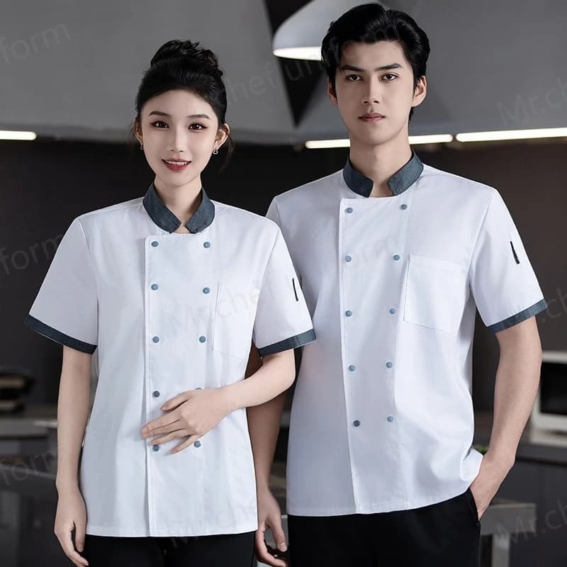 Uniforme da Chef Unisex, Abbigliamento da Cuoco, Camicia da Cucina per Ristorante, Giacca a Maniche Corte per Pasticceria, Personalizzazione con Logo Stampato