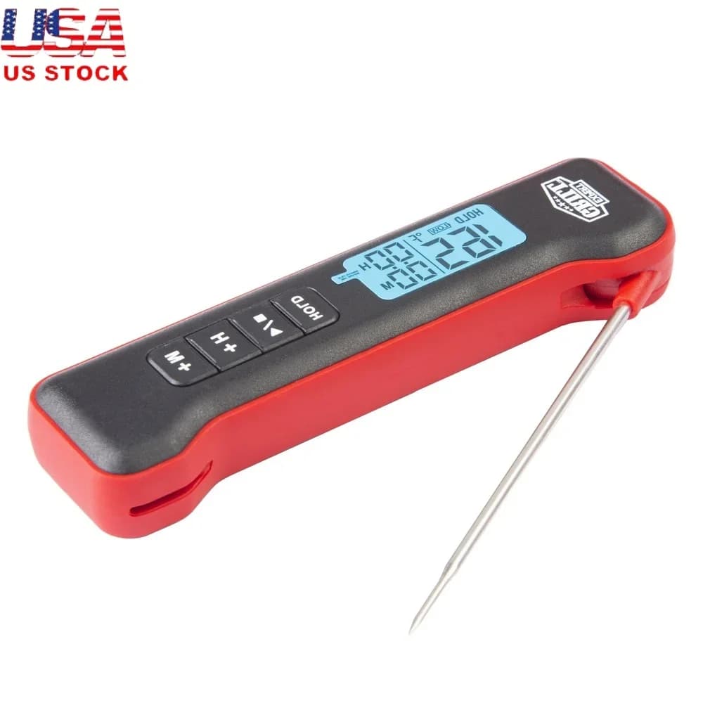 Pocket digital thermometer for instant reading meat, quick and precise temperature reading, grill, barbecue timer, soft grip, stainless steel probe