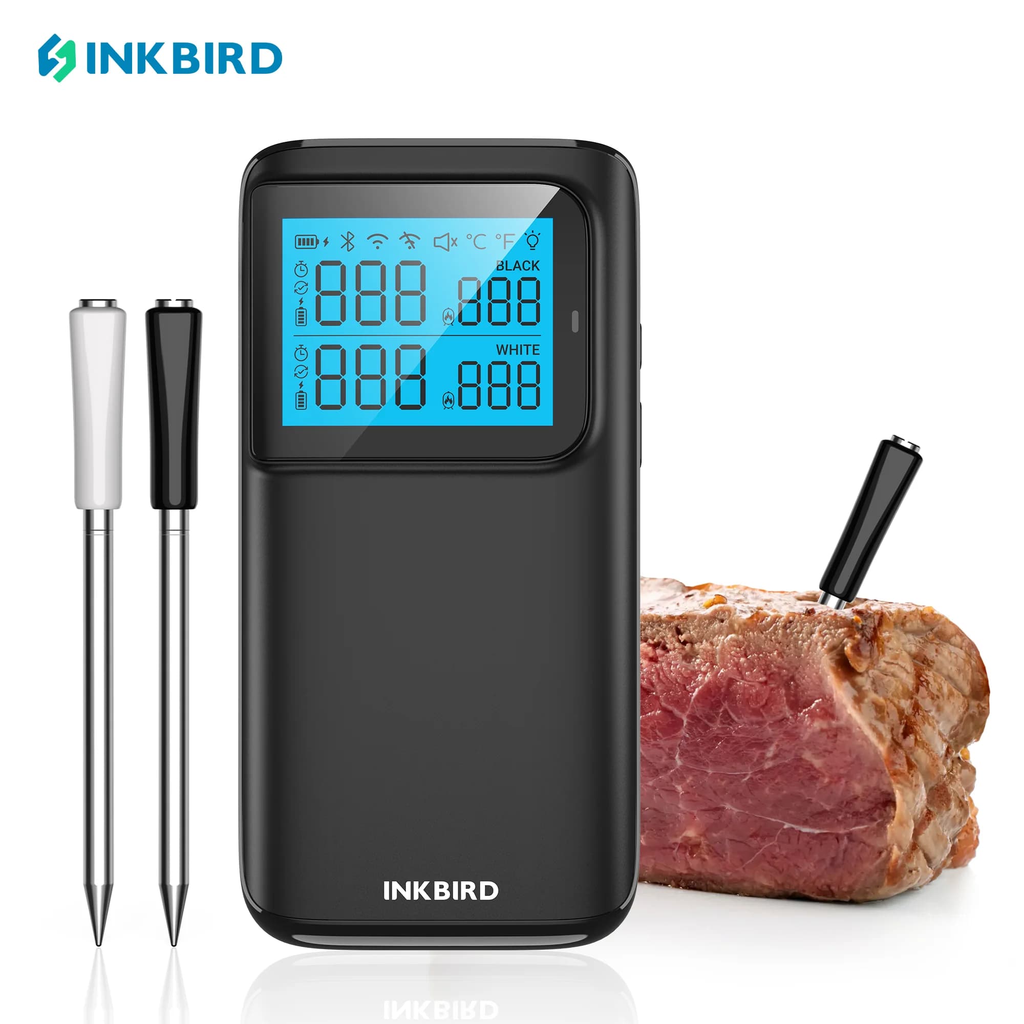 Termometro per carne wireless INKBIRD INT-12E-BW, WiFi 5G e Bluetooth 5.4, 5 sensori, batteria 25 ore, IP67, certificato CNAS per grill/forno