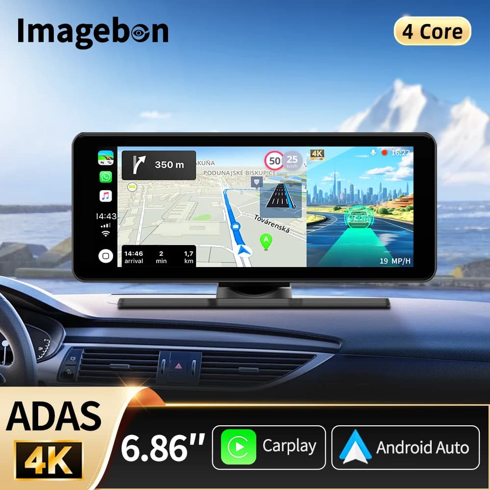 Imagebon Dashcam 6.86" 4K ADAS con CarPlay Wireless e Android Auto, DVR per Auto a Doppia Lente, Specchietto Retrovisore con GPS, Navigazione e Controllo Vocale AI
