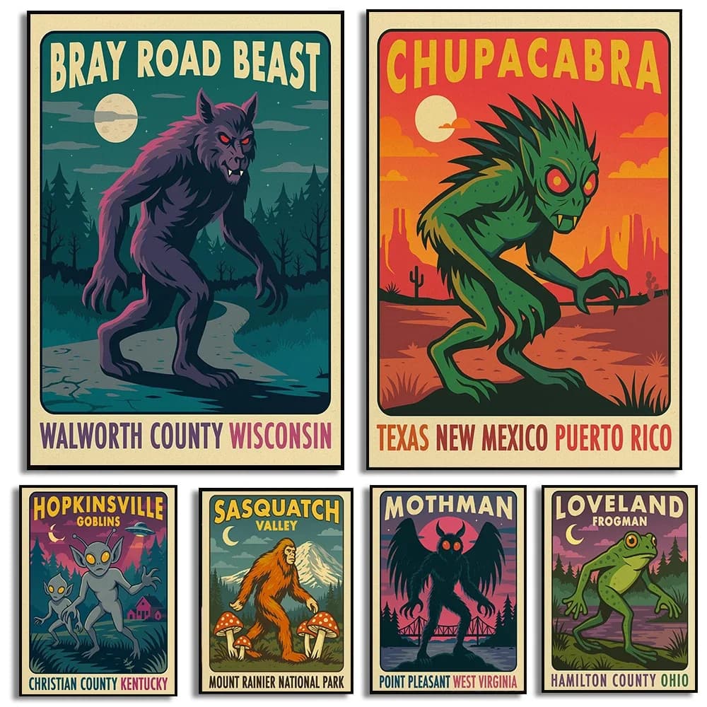 (No frame)National Park Cryptid Travel Posters Paranormal Creatures Prints Canvas Painting Wall Art Pictures Home Room Myster
