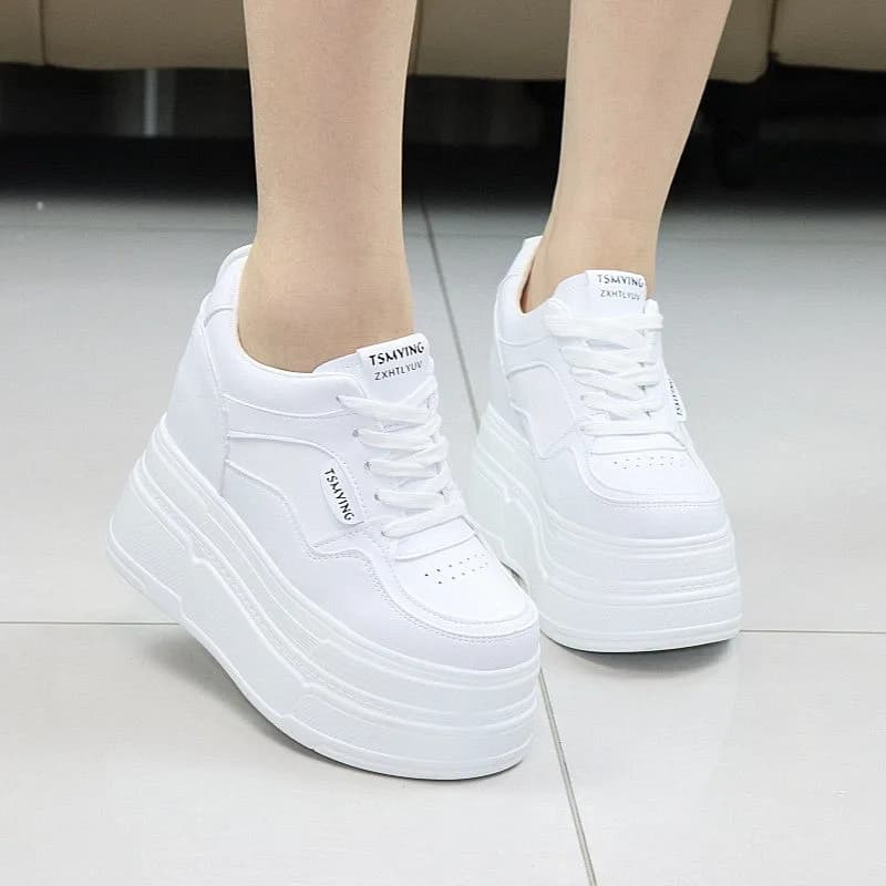 Autumn New Women Chunky Platform Sneakers 12cm Thick Sole White Skate Shoes Casual Versatile Hidden Wedge