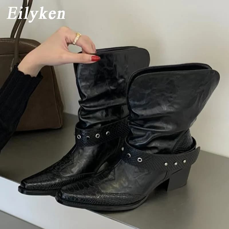 Eilyken Design Style Splicing Snake Pattern Low Heels Ankle Boots Woman Pointed Toe Shoes Fashion Belt Buckle Booties