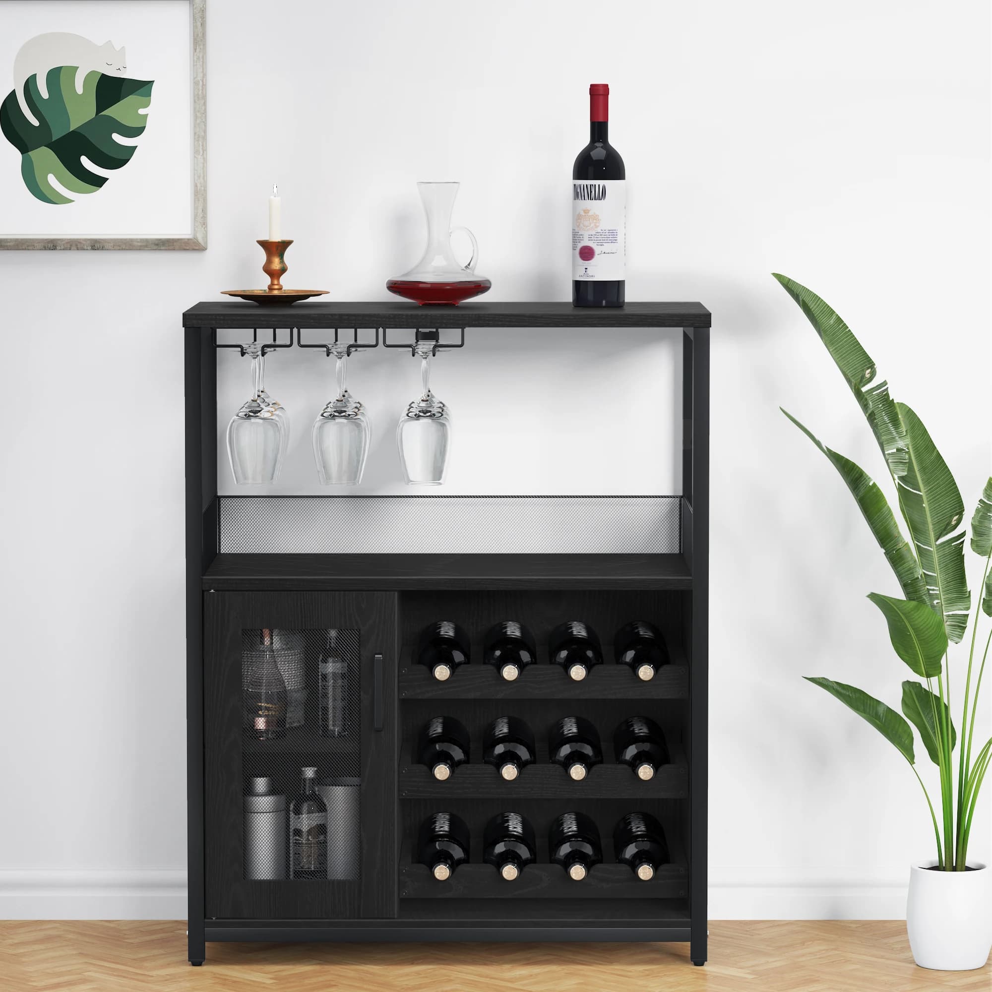 Armadietto da bar per vino con portabottiglie staccabile con portabottiglie con portabicchiere e 1 cassetto con anta in rete, piccolo credenza e buffet