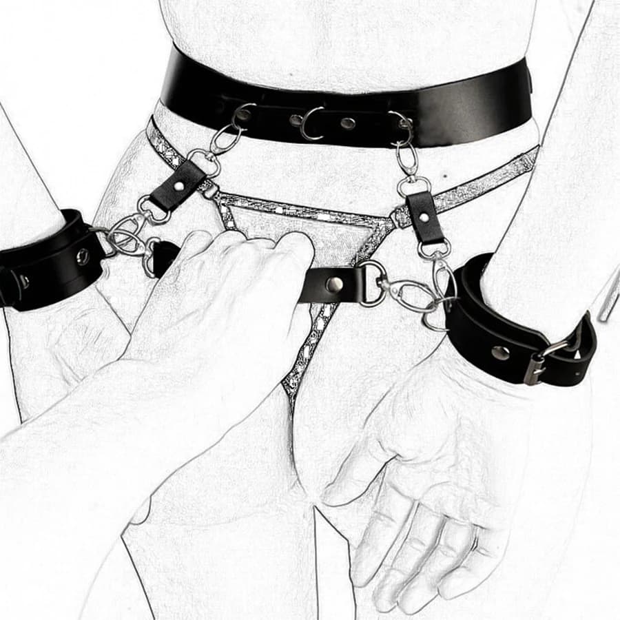 PU Fetish Backhandcuff Imbracatura di ritenuta per le mani BDSM Gioco del sesso per adulti Giocattolo SM Schiavo Bondage Manette Sesso Coscia Giarrettiera Gothic Rave Set