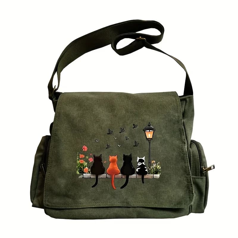 Large Capacity Shoulder Bag, Retro Crossbody Bag With A Pattern Four Cats Sitting On Table, Suitable Shopping Gift For Peter