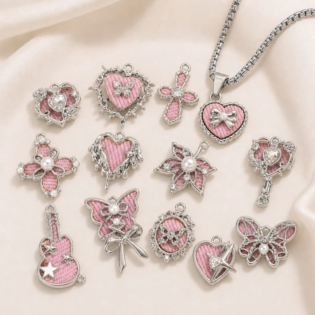 5pcs Mix Pink Y2K Heart Enamel Charms Pendants For Making DIY Handmade Findings Accessories Bracelet Necklace Jewelry Materials
