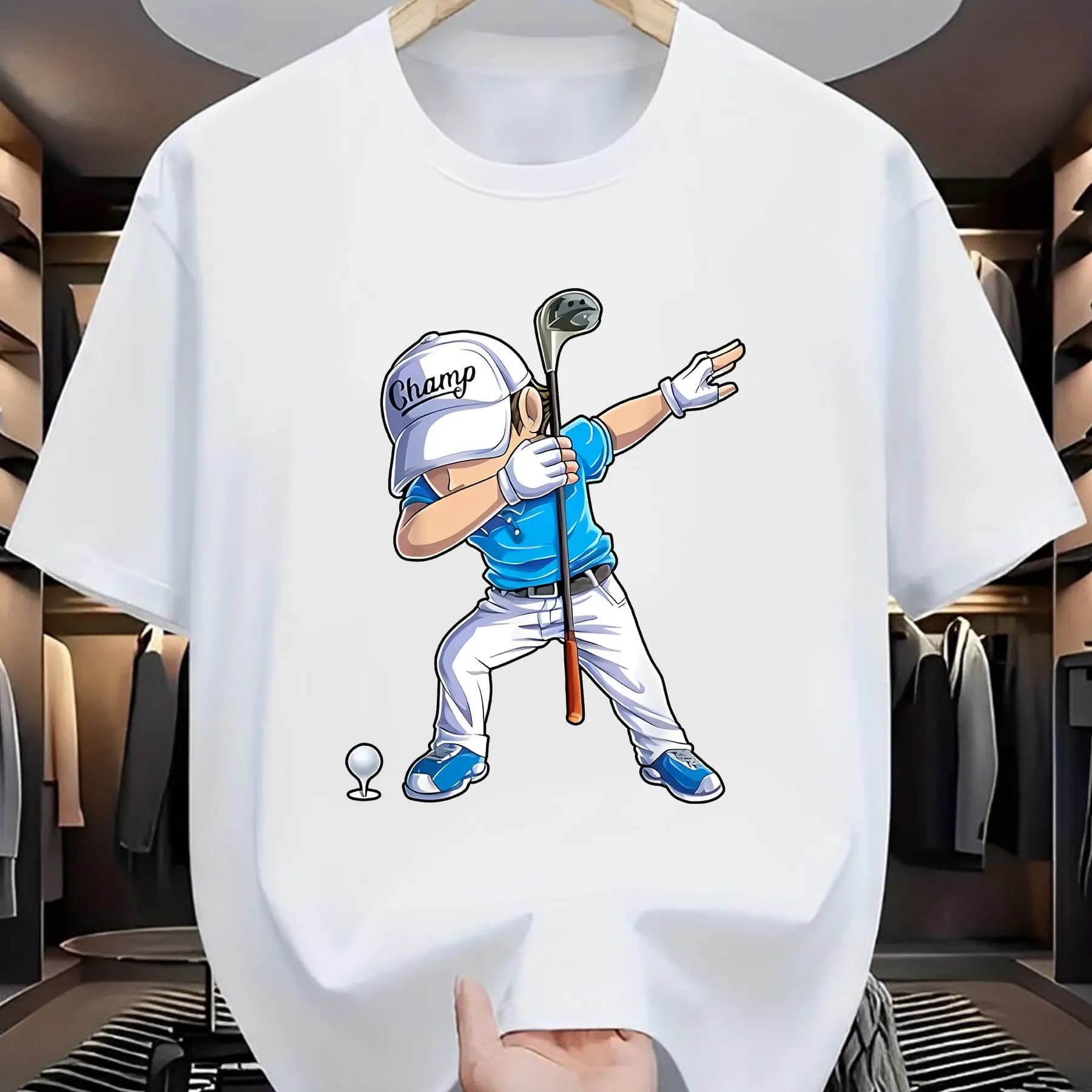 Stampa con motivo golfista alla moda, t-shirt da uomo casual a maniche corte con scollo rotondo in puro cotone, stile rilassato e confortevole