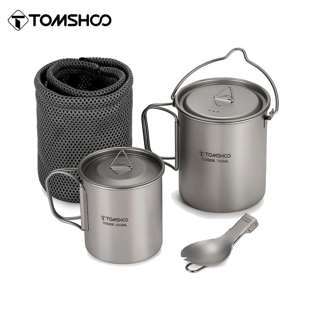 Tomshoo Set di 3 pentole in titanio ultraleggero da 750 ml Pentola da 450 ml Tazza da acqua con coperchio Spork pieghevole per campeggio all'aperto Zaino in spalla