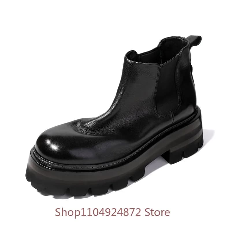 Vintage Brown Platform Chelsea Boots Men's Shoes Handmade Genuine Leather Outdoor Hiking Height Increase Ankkle Boots Male