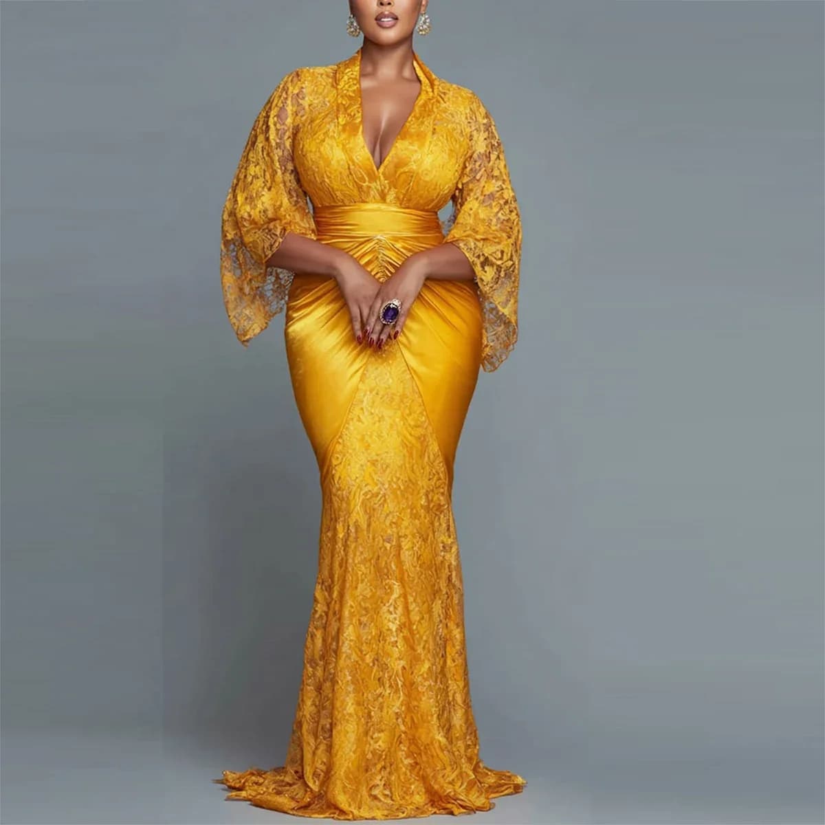 Customized Gold Lace Mermaid Prom Dress Deep V Neck Long Sleeves Evening Gowns Aso Ebi Women Formal Occasion Party Dress