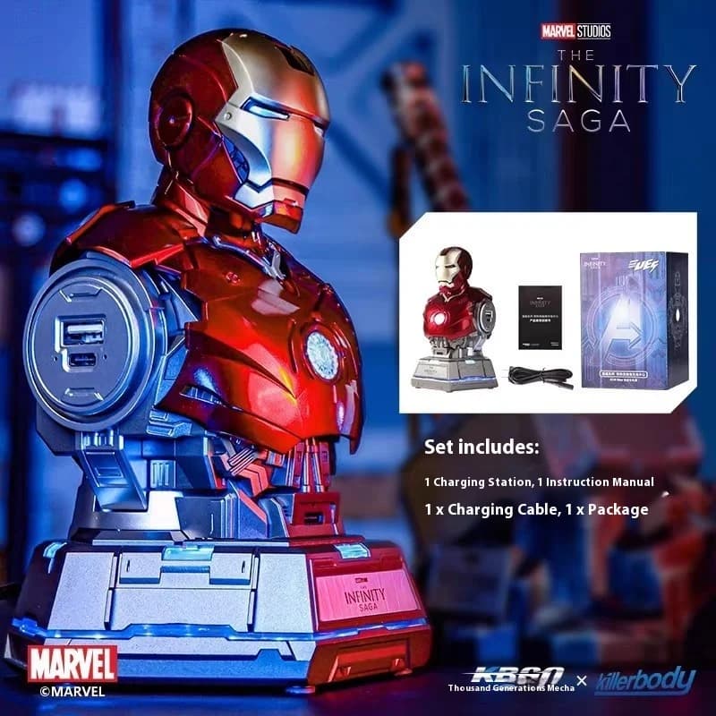 Action figure Iron Man MK3 Busto con hub di ricarica rapida da 65 W Marvel Avengers LED Light-Up da collezione Multi-Port USB-C Ricarica