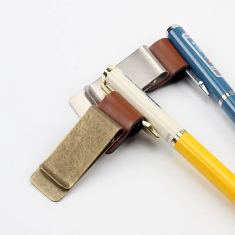 1PC Handmade Leather Brass Pen Holder Clip Stainless Steel Journal Notebook Paper Folder Writing Office Supplies Accessory