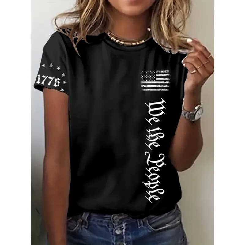 T-shirt stampate per il Giorno dell'Indipendenza da donna, camicetta estiva con scollo a O e maniche corte, con stampa di bicchieri di vino