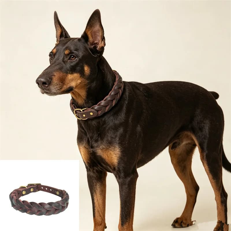 Hand Woven Real Cowhide Dog Collar 100% Full Grain Leather Pet Neck Collar Rivet Reinforced Adjustable Dog Collar 3 Colors