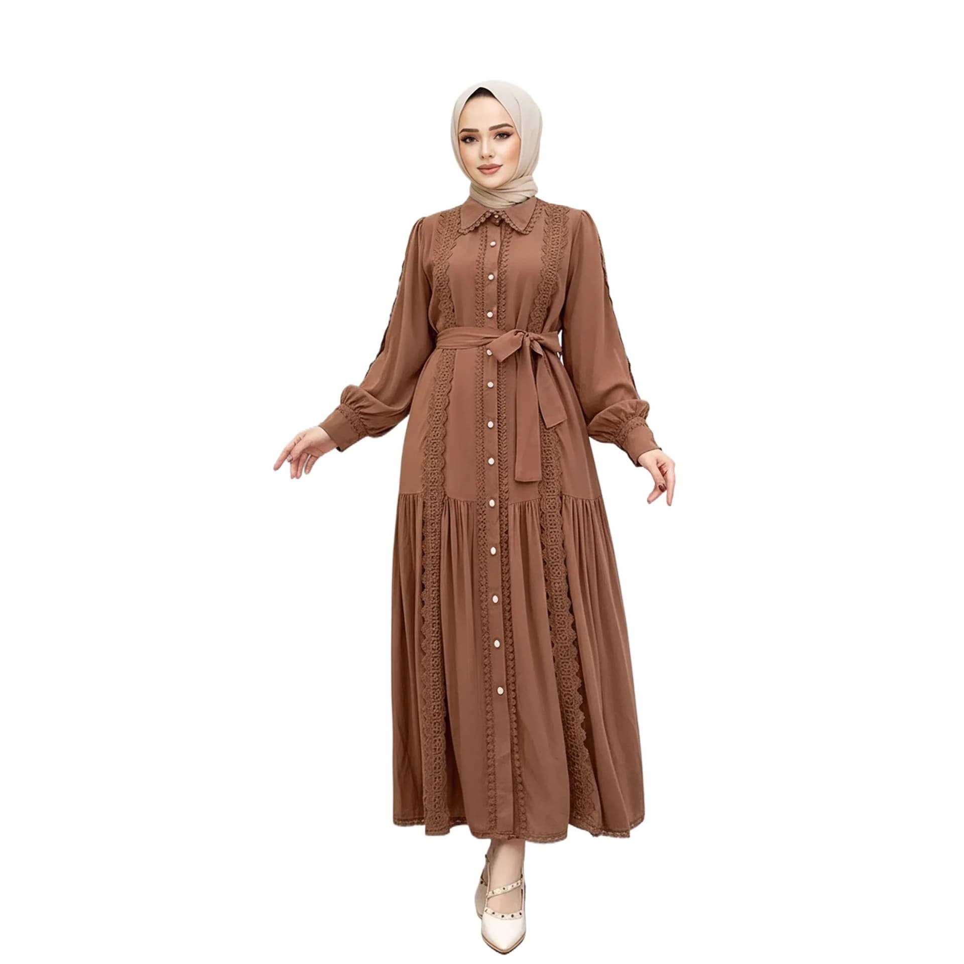 Abito turco di tendenza, abbigliamento femminile molto venduto, nuovo modello con colletto, inserti in pizzo, vestito lungo a balze in vita Cw50939