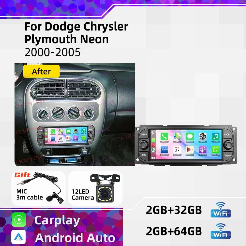 6.86" Carplay Autoradio 1 Din Radio GPS Head Unit Stereo Android 13 Car Multimedia for Dodge Chrysler Plymouth Neon 2000-2005
