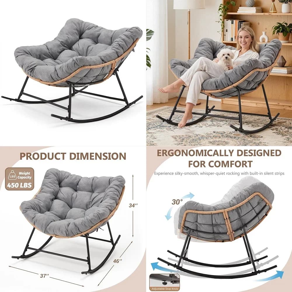 Sedia a dondolo con cuscino spesso, comoda sedia a dondolo a uovo in rattan per interni con cinghie, sedia a dondolo da patio 450 libbre per giardino, balcone