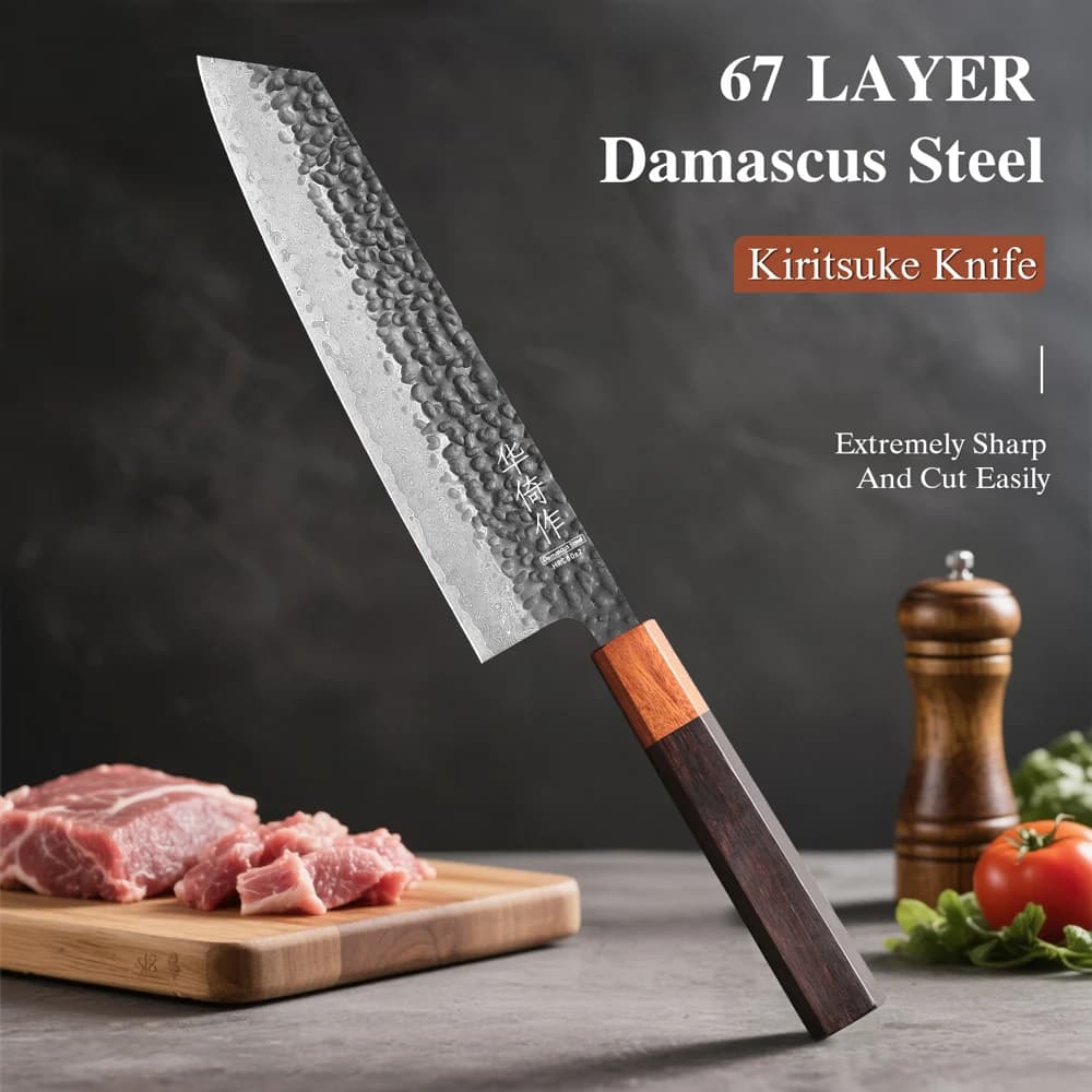 Coltello da Chef Giapponese Kiritsuke da 8,2 Pollici in Acciaio Damascato, Affilato per Tagliare Carne e Verdure, Fatto a Mano, Coltello Professionale da Cucina