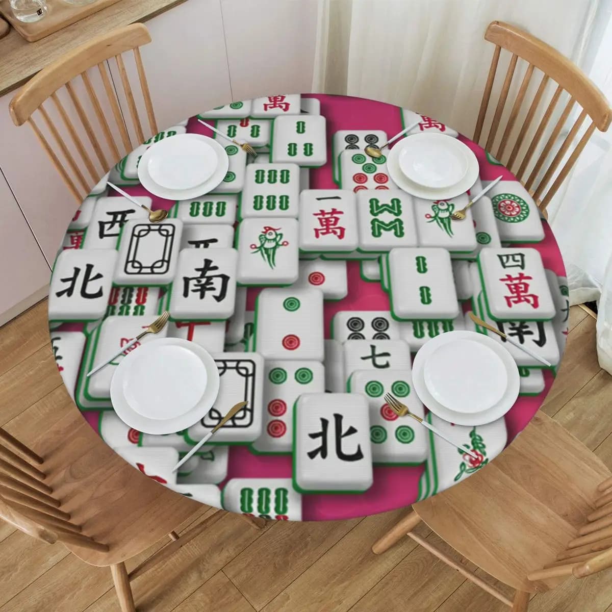 Tovaglia Rotonda Impermeabile con Motivo Mahjong, Antimacchia per Cucina ed Eventi, Copritavolo per Sala da Pranzo
